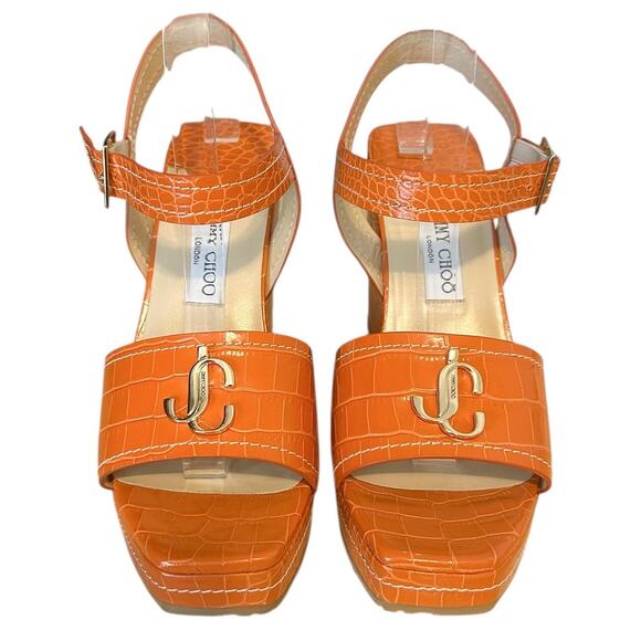 Jimmy Choo Croc Embossed Orange Leather Logo Wedge Sandals 40 - Picture 2 of 10